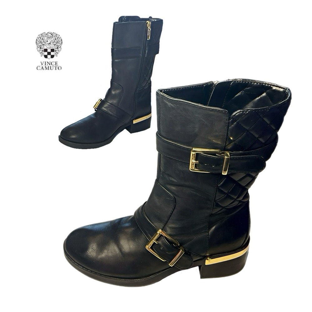 VINCE CAMUTO Wilamena Black Leather Goldtone Buckle Quilted Mid Calf Boot 5.5M